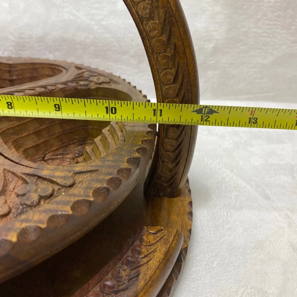 Hand Carved Collapsible‎ Wooden Fruit Basket Heart Design 4 Compartment Trivet